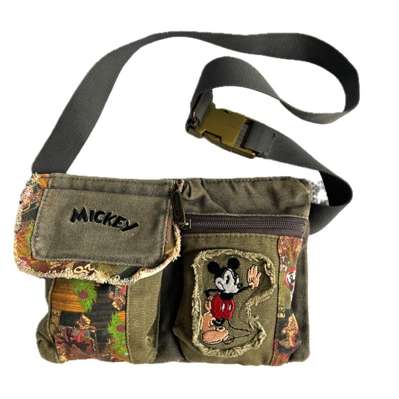 Disney Waist Bag Cotton Canvas Green Patchwork Mickey Back Zipper Travel RUZ - Picture 1 of 7